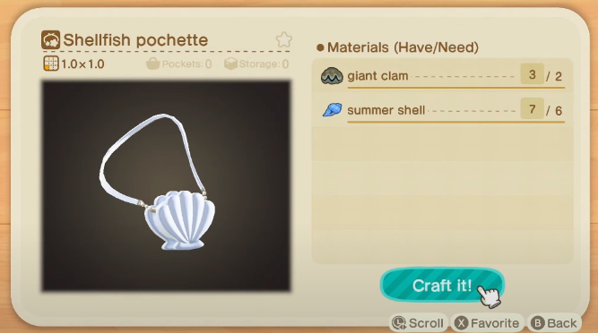 Shellfish Pochette - Animal Crossing New Horizons Summer Shell Recipes