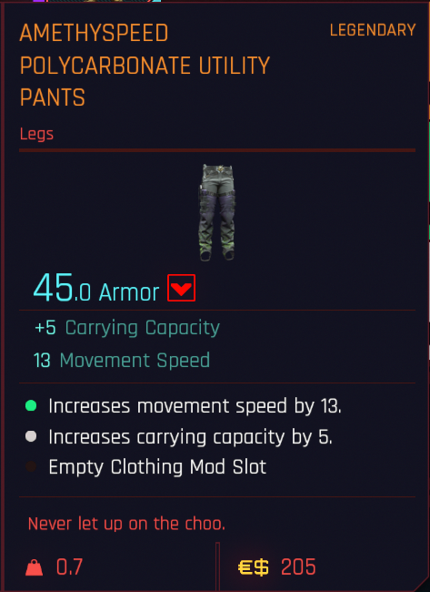 All Legendary and Iconic Clothing in Cyberpunk 2077 - Amethyspeed Polycarbonate Utility Pants