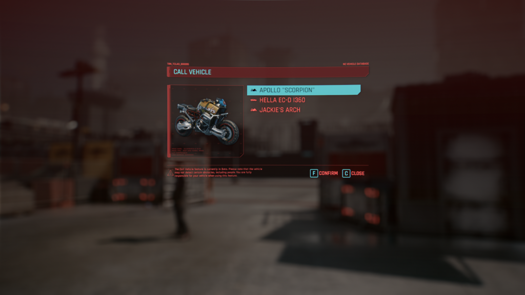 Cyberpunk 2077 Vehicle Menu