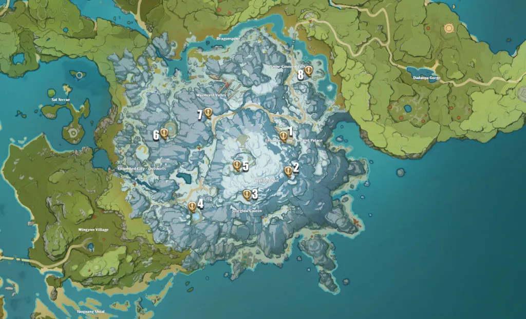 Genshin Impact - Dragonspine Stone Tablet Locations Map