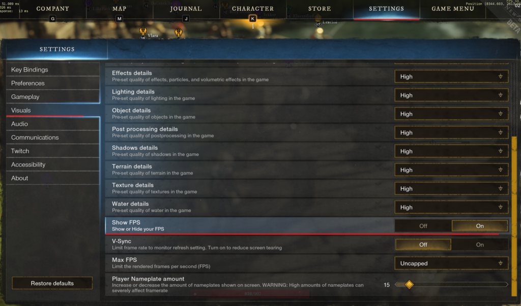 New World Settings Show FPS