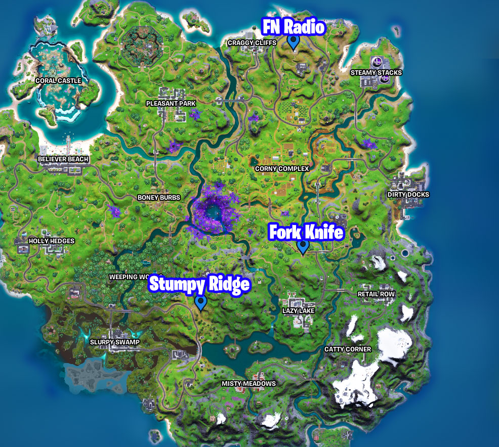 Fortnite Map: FN Radio, Fork Knife Food Truck, Stumpy Ridge