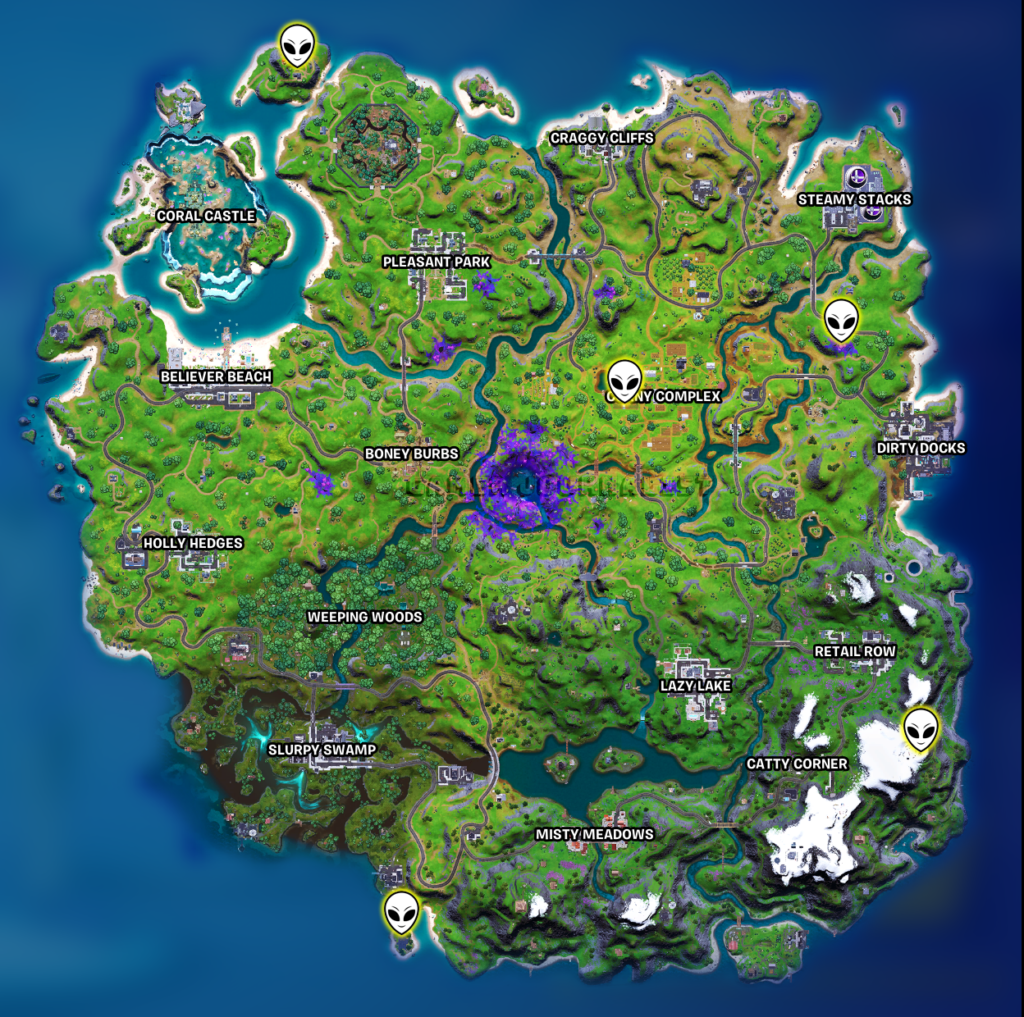 Week 6 Alien Artifact Locations in Fortnite Map