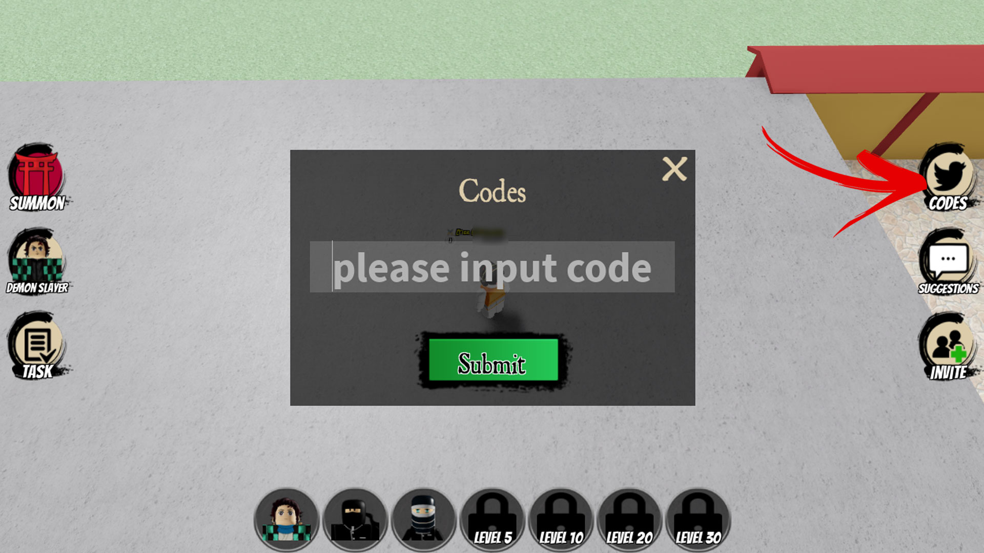 How do I enter codes for Demon Tower Defense Simulator on Roblox