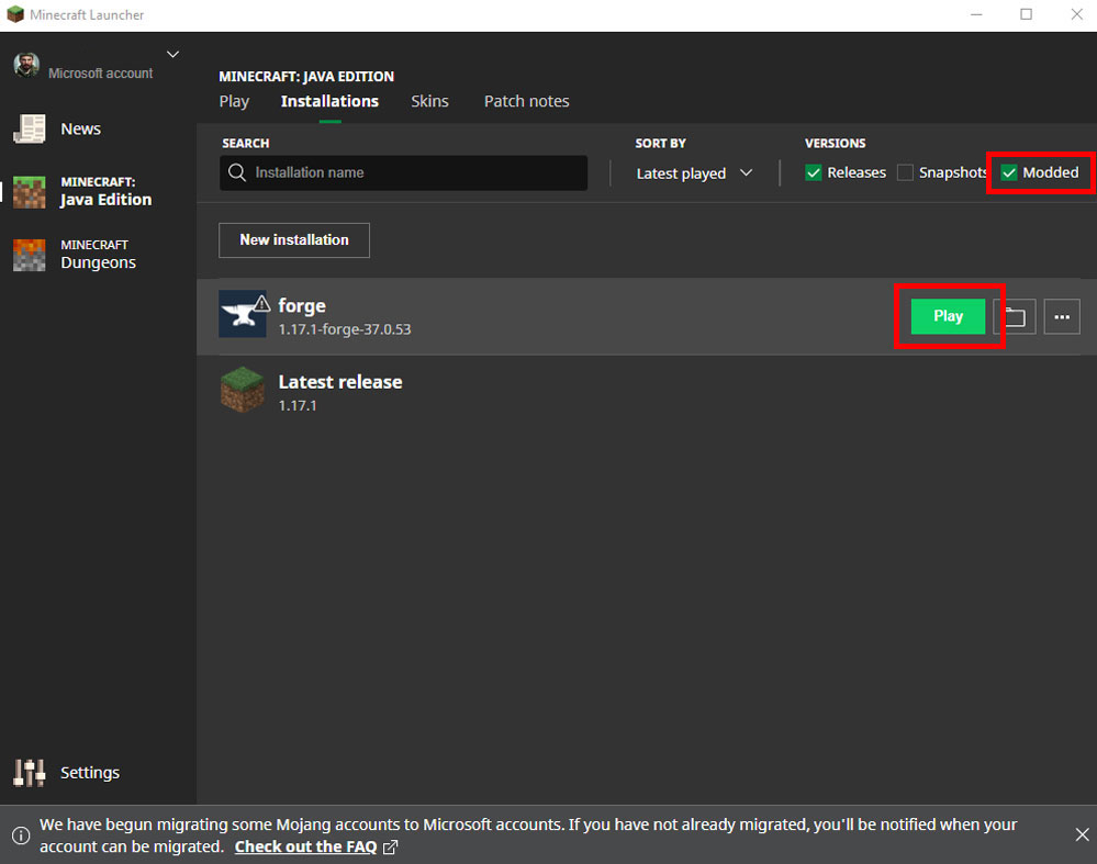 Forge 1.17 Minecraft Installation Guide - Installations Tab Launch Forge