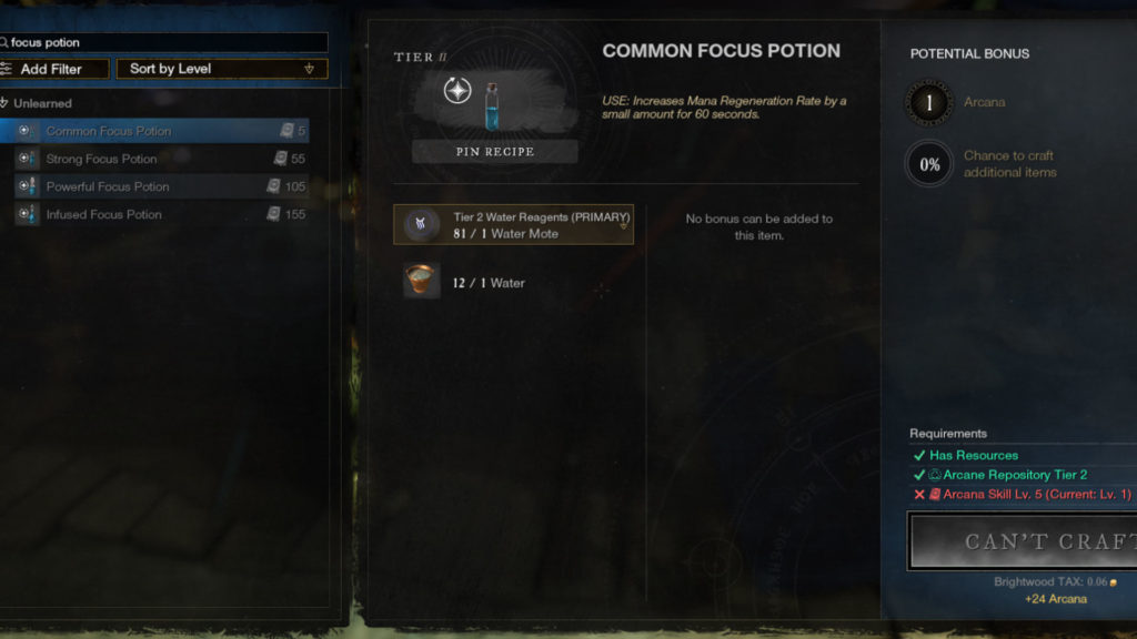 New World Arcana Leveling Guide - Common Focus Potion