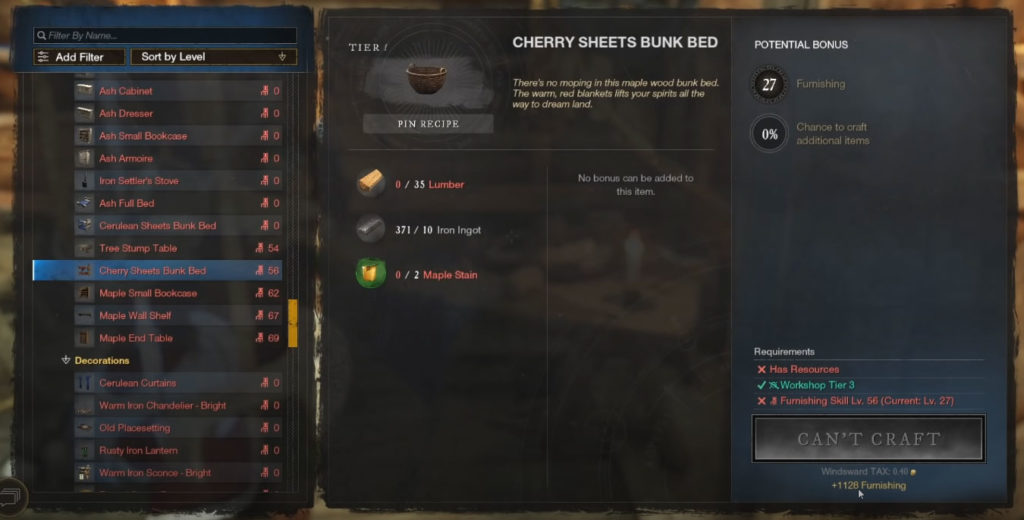 New World Furnishing Leveling Guide - Cherry Sheets Bunk Bed