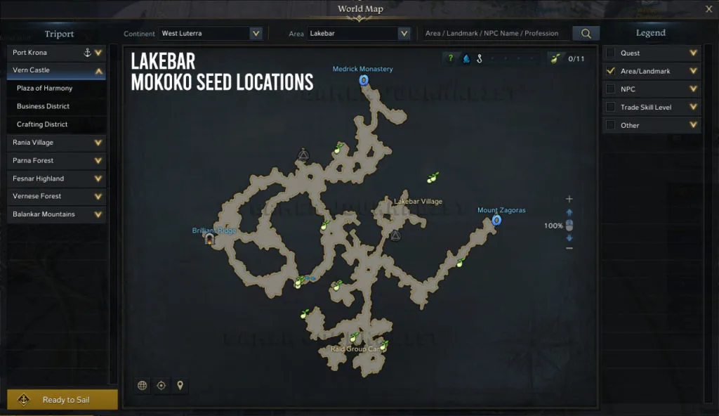 All Mokoko Seed Locations in Lakebar Map