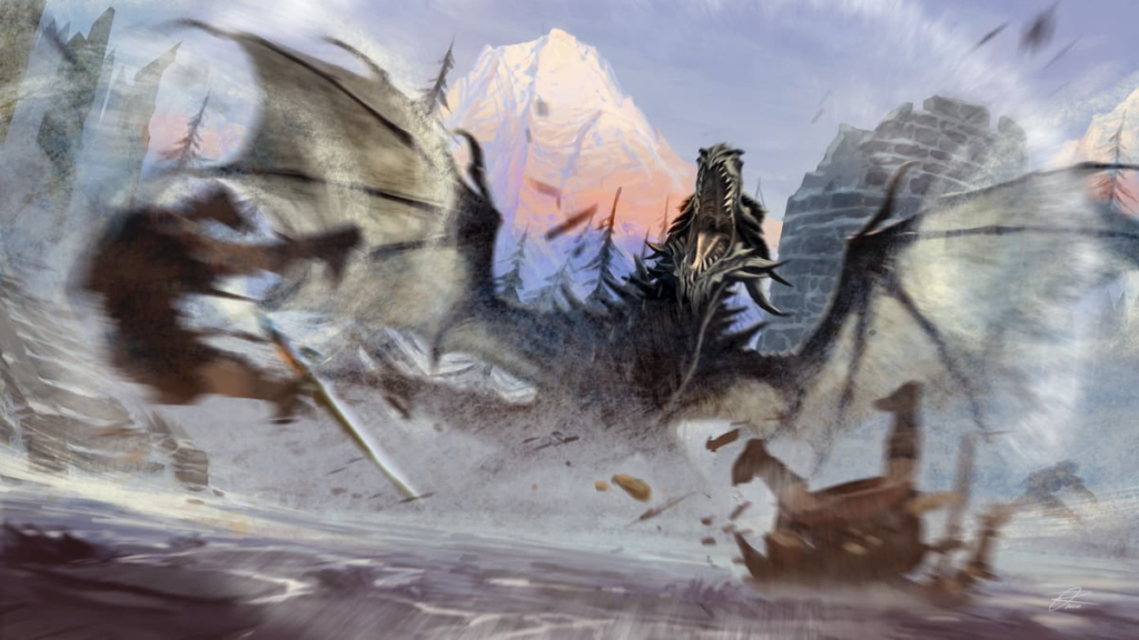 Dragon Battle Scene in Skyrim Elder Scrolls V