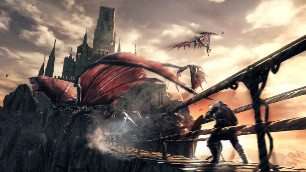 Dark souls 2 artwork of knight on bridge surrounded by dragons