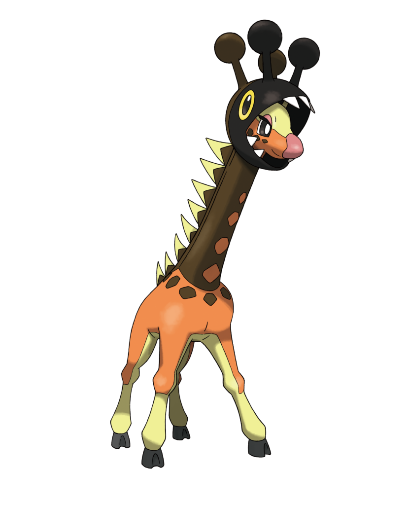 a giraffe with a dark neck and a round, black head with sharp teeth and black horns with blubs on the end over its normal giraffe head