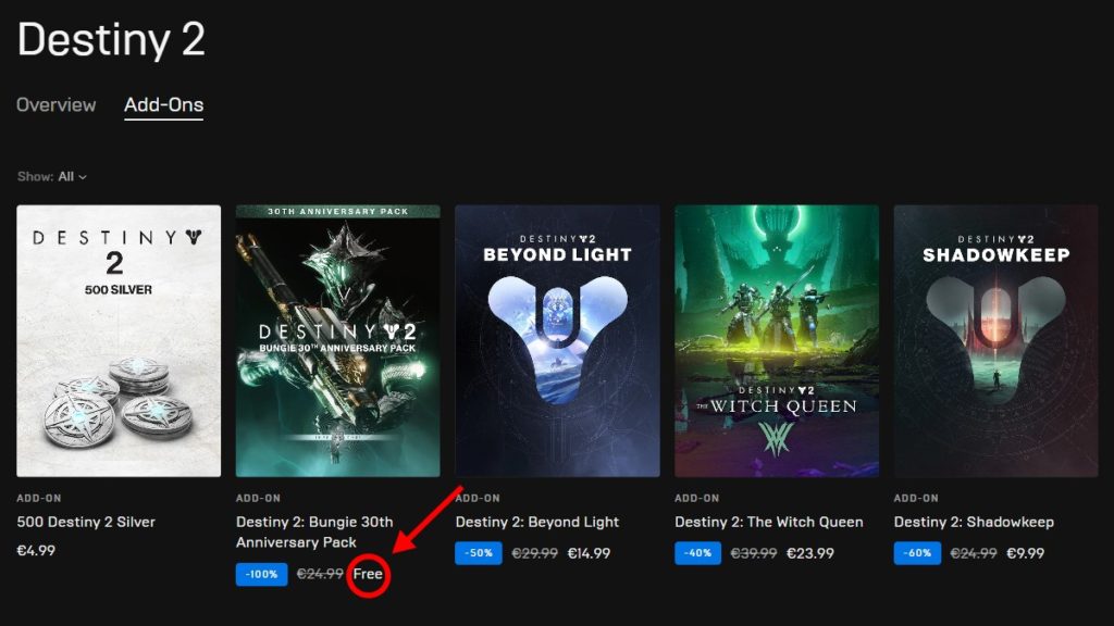 Destiny 2 30th Anniversary Pack Free on Epic Games Store.