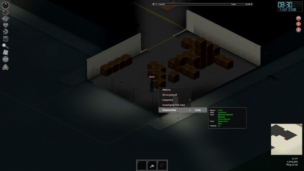 Disassembling a crate in Project Zomboid.