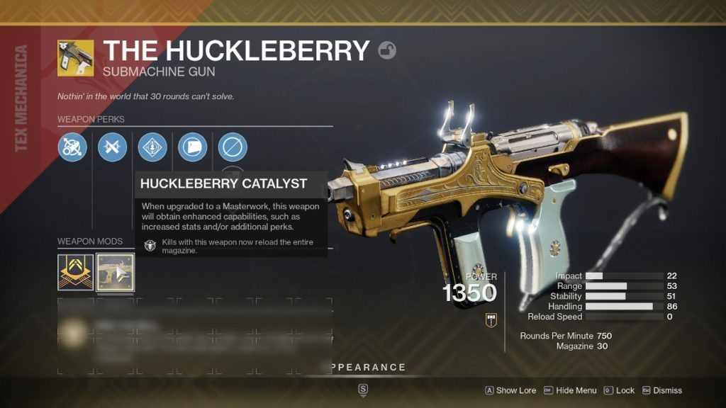Destiny 2 Huckleberry Catalyst in inventory, 