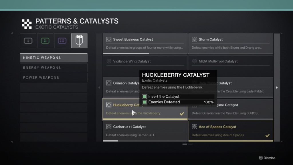 Destiny 2 Huckleberry catalyst in collections. 