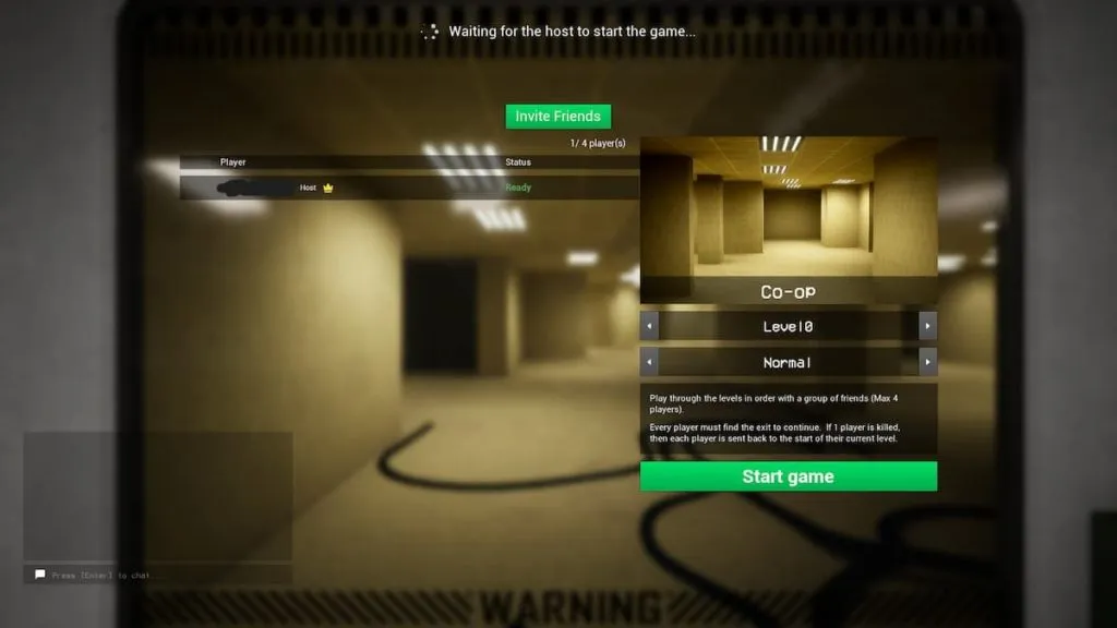 multiplayer lobby in escape the backrooms