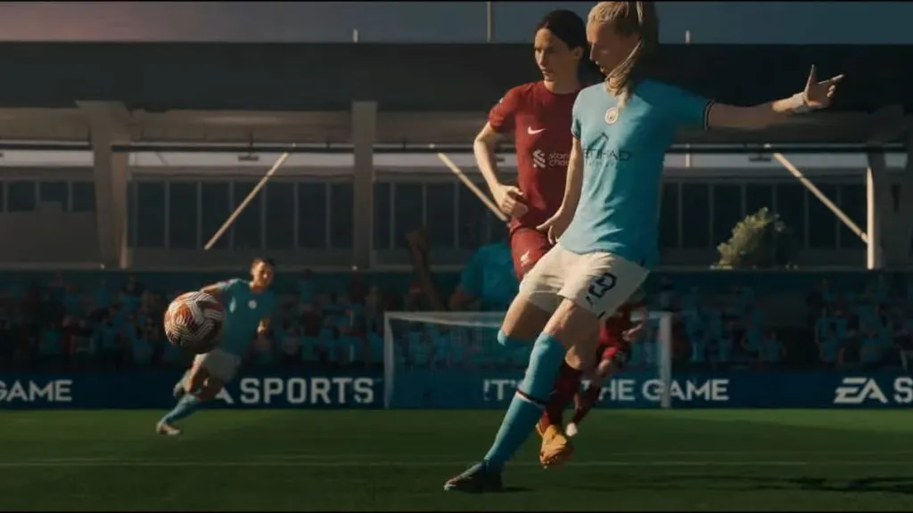 FIFA 23 Women's Manchester City player kicking the ball against Liverpool FC