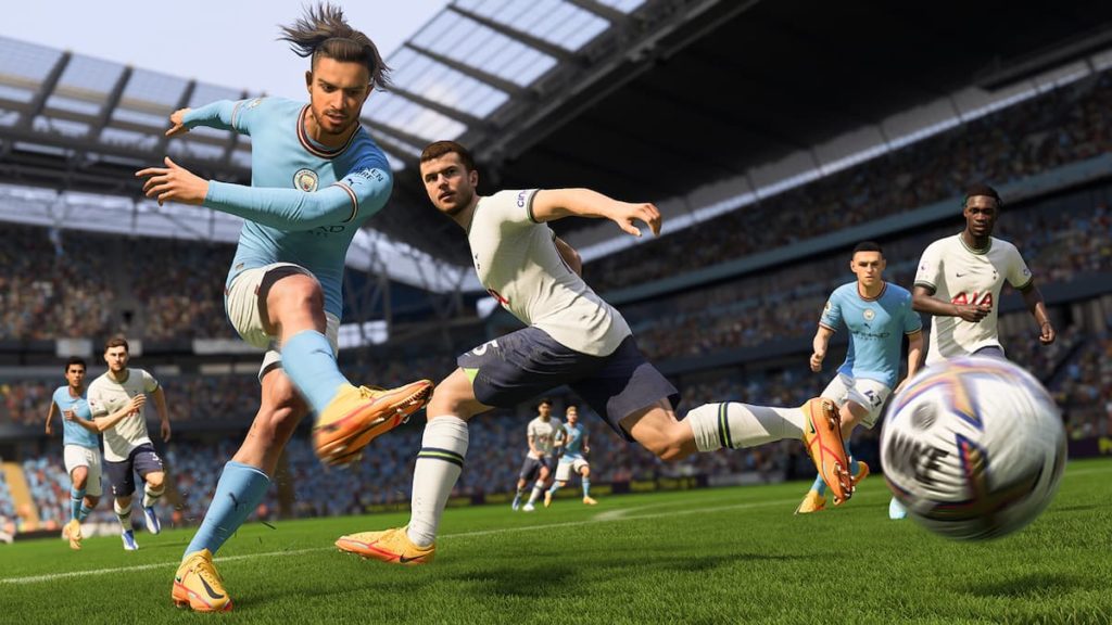 Jack Grealish shooting the ball beside defenders in FIFA 23 FIFA 23