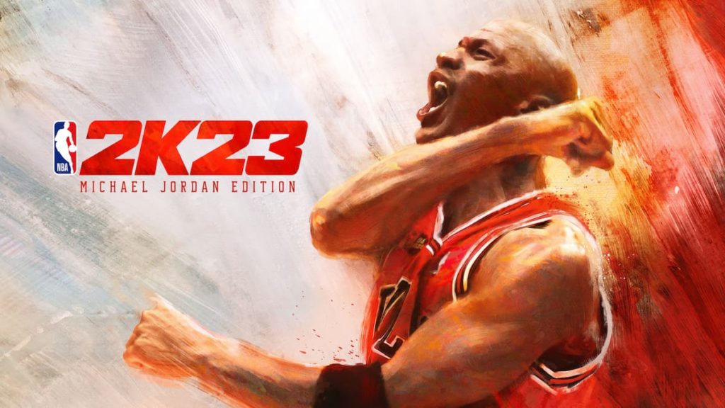 Michael Jordon celebrating in a NBA 2K23 cover image.