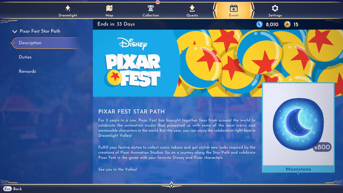 Pixar fest info in Disney Dreamlight valley