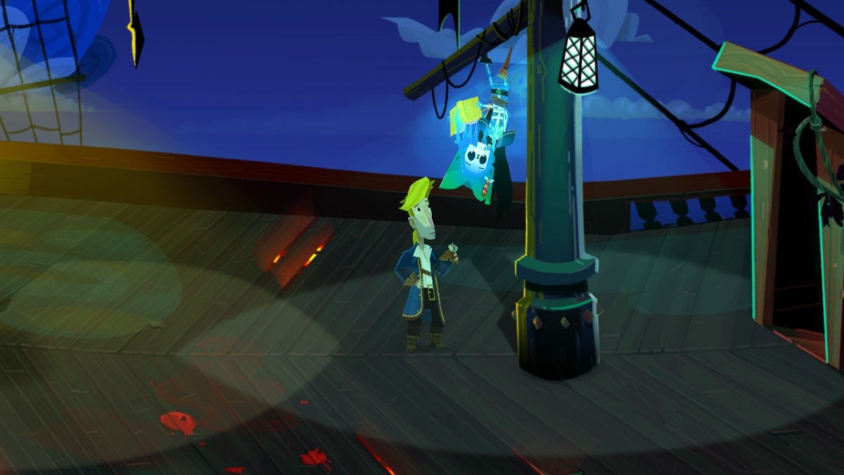 the deck of a pirate ship. Guybrush stands before a ghostly pirate hanging upside down from a piece of the mast. the pirate is reading a yellow book