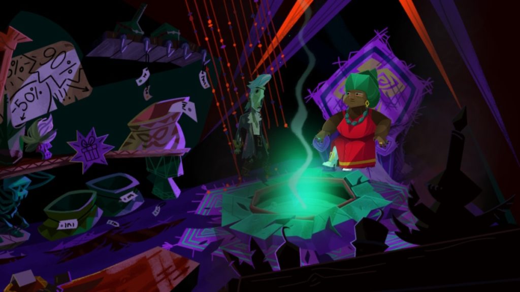 a zombified Guybrush stands in the middle of a cramped voodoo shop with various bowls and statues on the nearby shelves. a green haired woman wearing a red dress sits on a purple throne nearby in front of a cauldron filled with glowing green liquid