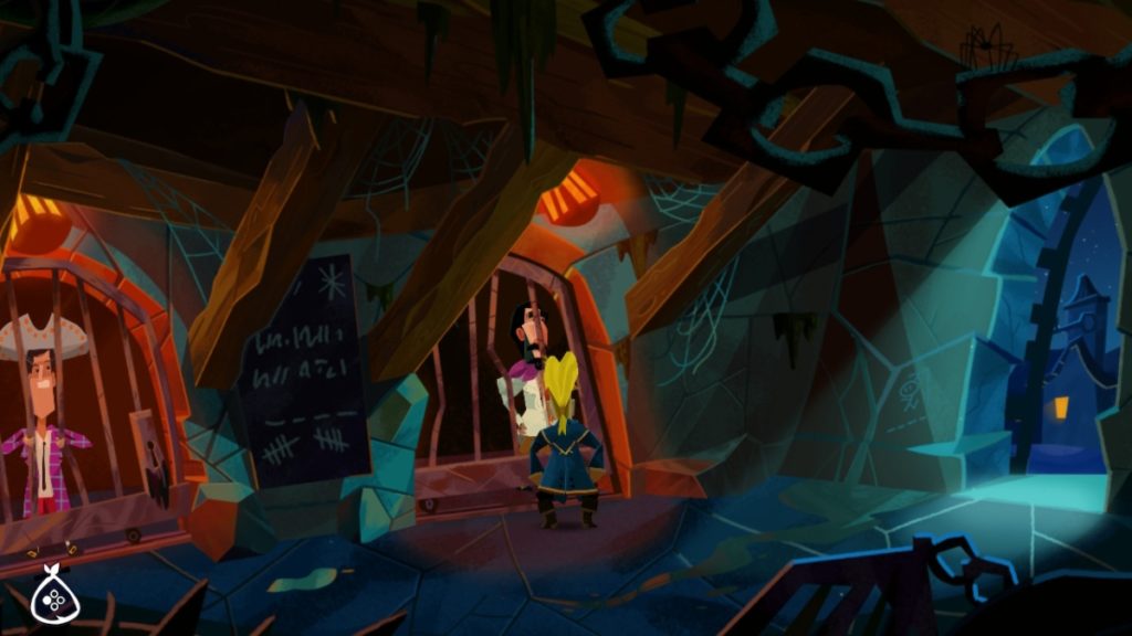 a dank, dimly lit jail. a man with a dark beard and wearing a white shirt is behind the bars of the first cell. Guybrush stands in front of his cell and peers down at the lock of the cell door