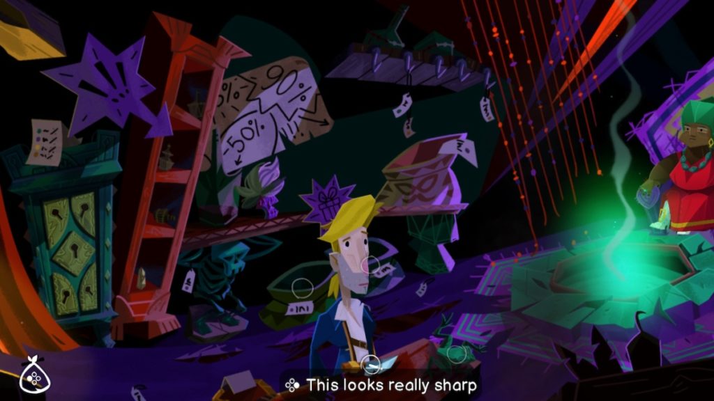 guybrush stands in a crowded voodoo shop with various bowls and statues on nearby, shadowy shelves. on a low counter in front of guybrush is a knife and a strange, green frog carving. text below the knife reads "this looks really sharp"