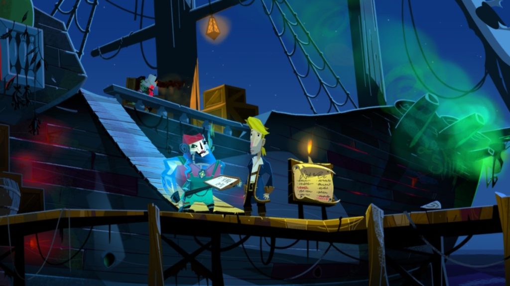 guybrush speaks to the quartermaster, a ghost pirate with translucent blue skin and a clearly visible skeleton. She also has red hair and is holding a clipboard. behind her is a large, shadowy pirate ship. both are standing at the end of a wooden dock with a signpost lit by a single candle nearby