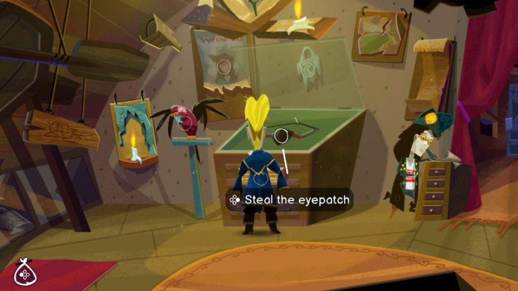 guybrush stands in the middle of a large room filled with strange knicknacks. a red parrot sits on a perch nearby. in front of guybrush is a display case with the words "steal the eyepatch" underneath it. the glass top to the display case is open.