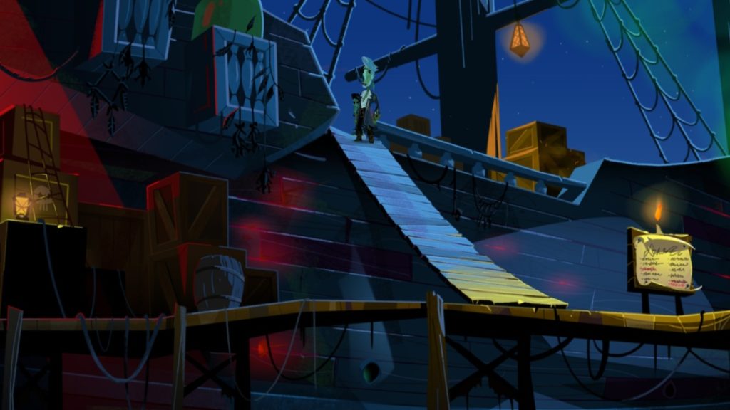 a large pirate ship and the gangplank to reach it from the dock. at the distant end of the gangplank is Guybrush in zombie form