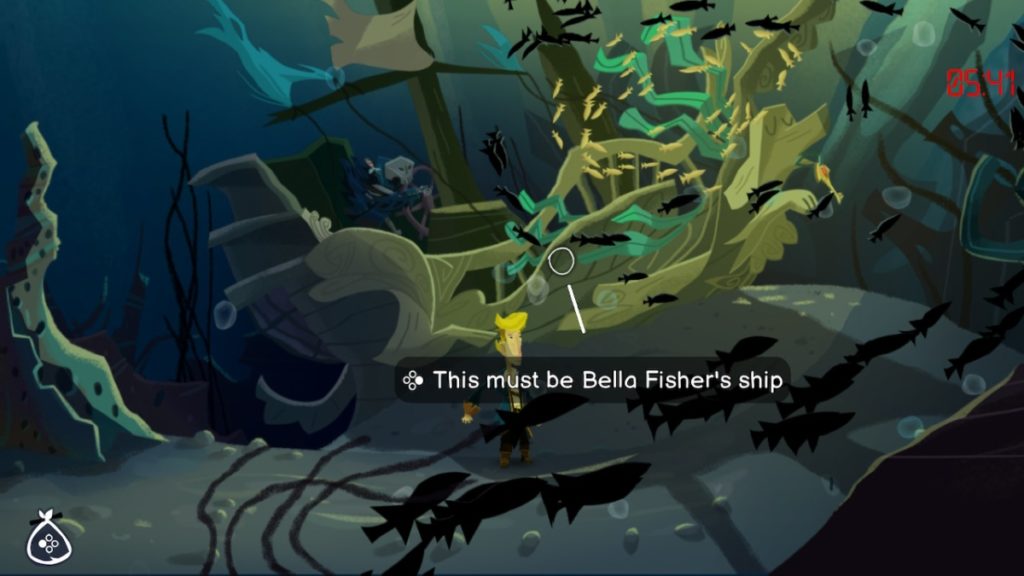 a large, sunken pirate ship. guybrush stands in front of it with the text "this must be Bella Fisher's ship" nearby. a skeleton stands at the ship's helm, and seaweed has grown through broken parts of the hull