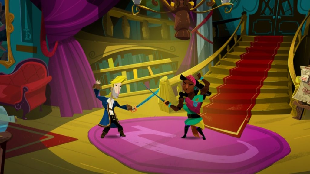 a blonde haired man and a dark haired woman are having a sword fight in the foyer of a fancy mansion. There's a purple rug on the floor and grand staircase behind the woman. behind them is a tall bookshelf stuffed with books. a chandelier dangles overhead
