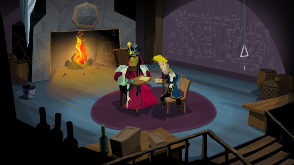 guybrush and the queen sit at school desks in a small room. one wall is covered in algebra equations. there's a fire in the fireplace. the queen is looking at a stalactite dripping into a bucket on the floor