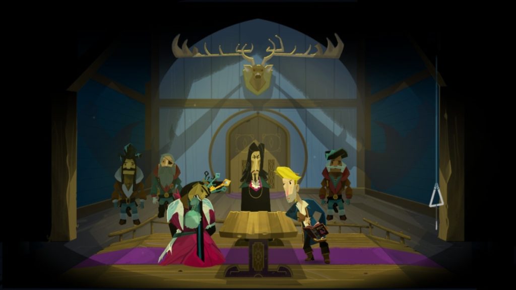 guybrush stands opposite a woman in a dress with a fur collar and wearing a crown made of keys. between them is a table and an official looking man in a long black robe stands behind the table. on the back wall is a large deer head. the queen is giggling uncontrollably