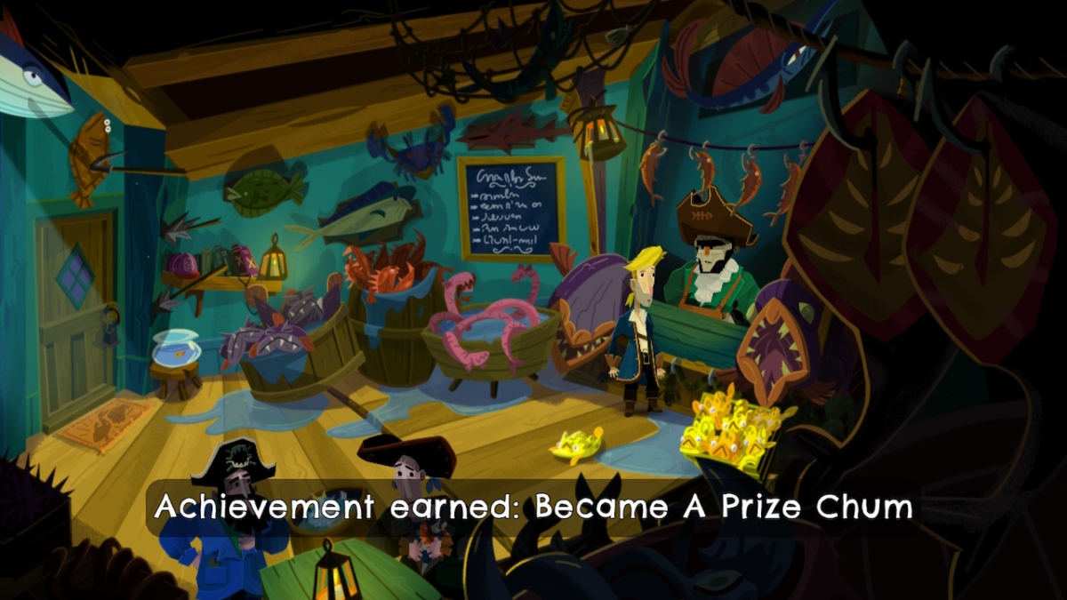 a blonde man stands in a fish shop with barrels of different sized fish up against the walls. More trophy fish are handing from the ceiling or mounted on the walls. a man in a green shirt stands behind the counter, while two other scruffy pirates sit at a table on the left. text at the bottom of the screen reads "Achievement earned: Became a Prize Chum"