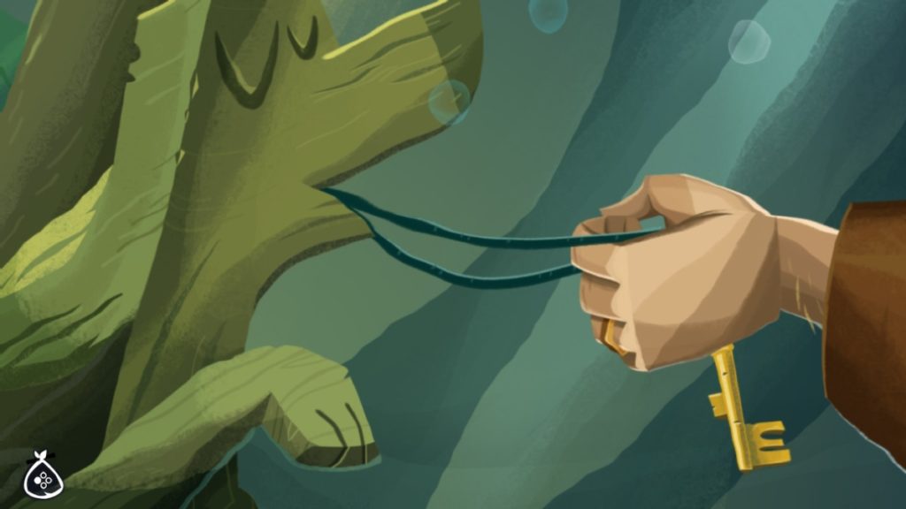 a hand with a brown sleeve cuff grabs a golden key hanging by a cord from the mouth of a dog figurehead. bubbles and wavy lines indicate this is underwater