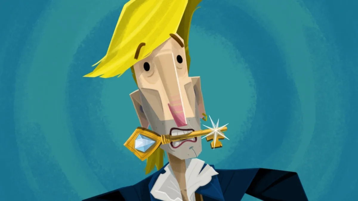 a blonde-haired man in a blue pirate coat clenches a golden key between his teeth
