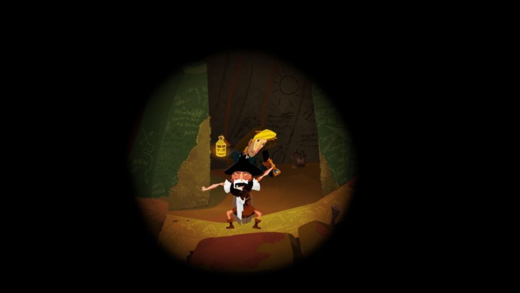 guybrush and an old man with a long white beard fighting in a dark cave. guybrush is on the man's back, trying to grab a golden key from him. they're in a small circle of light, and around them is nothing but darkness.