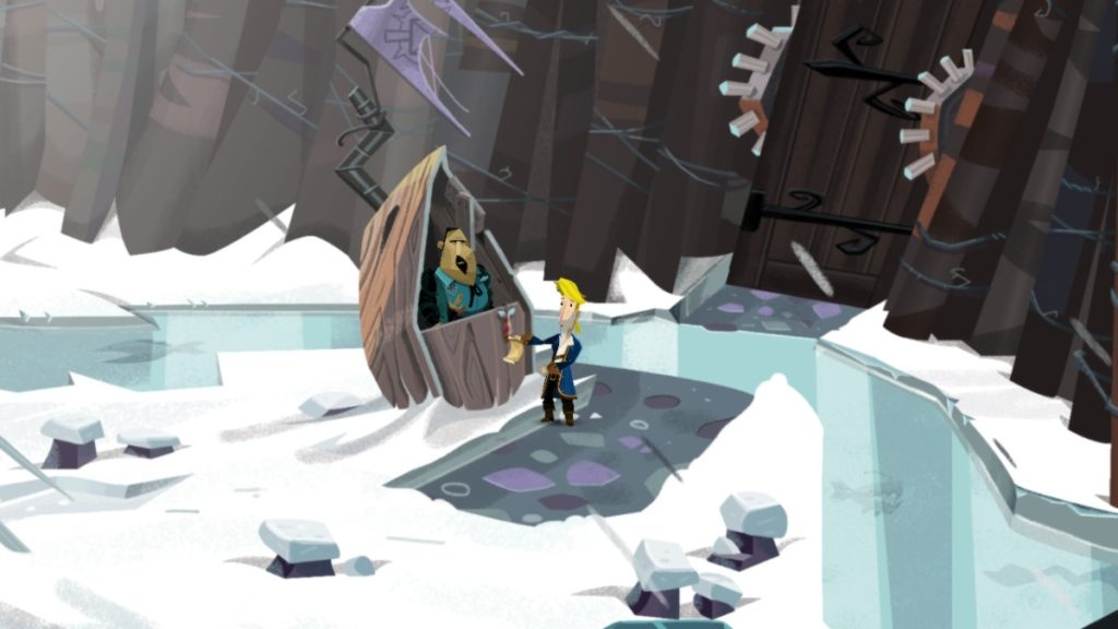 guybrush standing in front of a guard stand outside a large, wooden fortress with a frozen moat