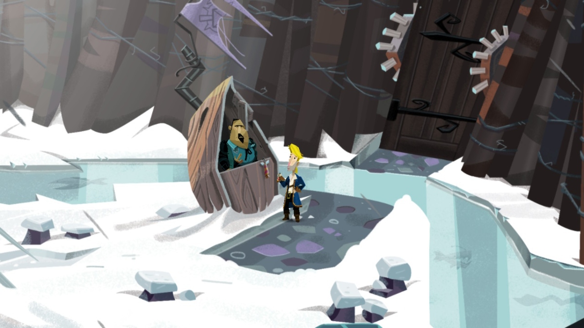 A guard stand outside a large, wooden gate in front of a frozen moat. The guard stand is small and wooden, and the guard wears a blue unifrom and a goatee. Guybrush is standing in front of the stand in a rectangular shape cut out of the snow