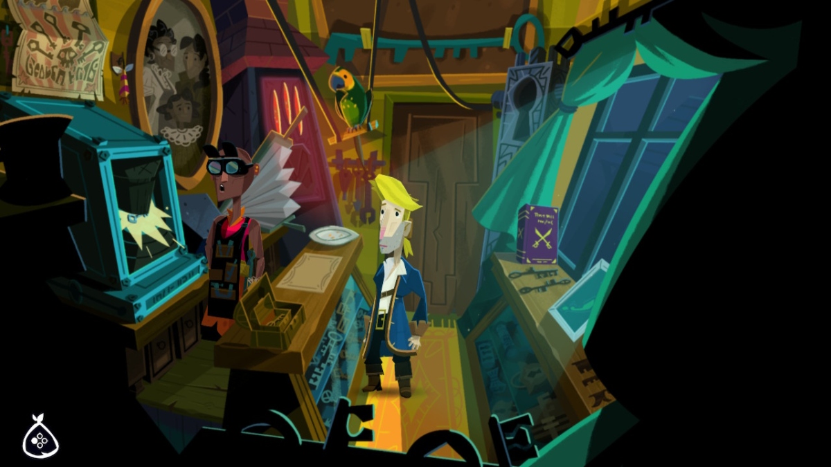 a blonde haired man stands in the middle of a narrow shop. There are display cases on both sides, and behind him is a window. behind the shop's counter is a woman with a shaved head wearing welding goggles, a leather apron, and leather gloves. A green parrot sits on a roost over the counter. Behind the woman is a large portrait of two older woman with a young girl