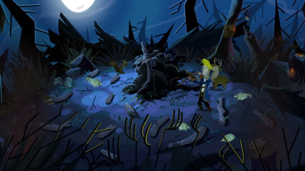 a moonlit clearing with the hacked stump of a tree in the middle. there woodland creatures all around with horrified or traumatized expressions. a blond-haired man in a blue coat admires a wooden branch nearby