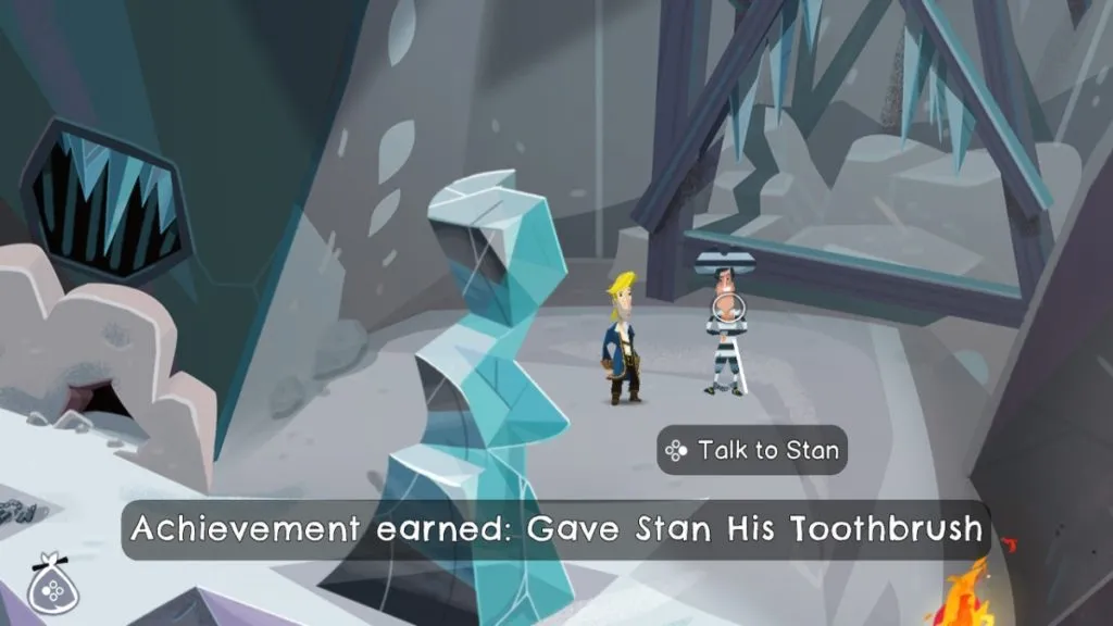 a blonde-haired man talking to a prison inmate in a very large hat. the prison is blanketed with snow and there are large columns of ice around. text at the bottom of the screen reads "achievement earned: Gave Stan His Toothbrush"