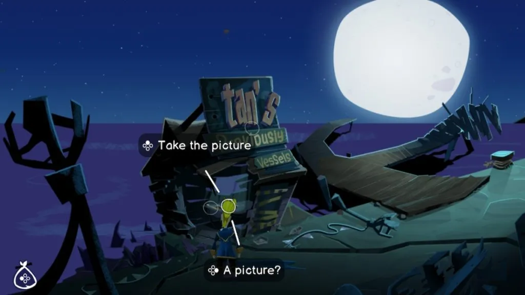 a moonlit dock that's been partially destroyed. a half-collapsed wooden stall sits in the foreground. a blonde-haired man looks into the broken half of the stand. Text on the screen reads "take the picture" and "a picture?"