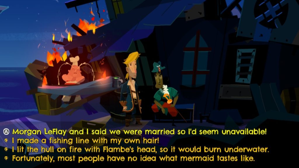 a blonde haired man speaks to a pirate with a green shirt and hat. they're standing in front of a burning, seaside building while a heavy-set man in a chef's hat cries nearby. There's text at the bottom of the screen that allow the player to tell the next part of an epic story eg "Morgan LeFlay and I said we were married so I'd seem unavailable!" 