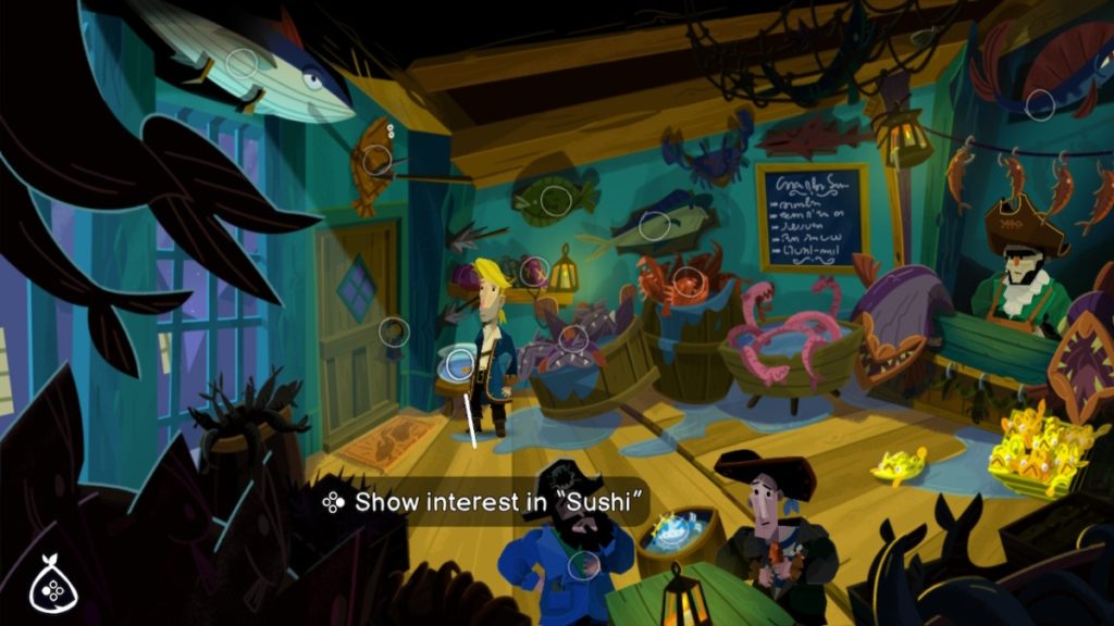 Guybrush Threepwood stands in a cramped fish shop with barrels of fish lining the walls. he's standing in front of a small bowl of water with a goldfish inside. text below reads "show interest in Sushi"