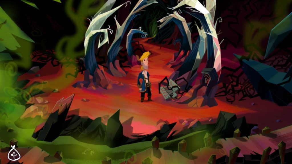a blonde-haired man stands on an island with blood red ground and trees that look like giant bones arching overhead