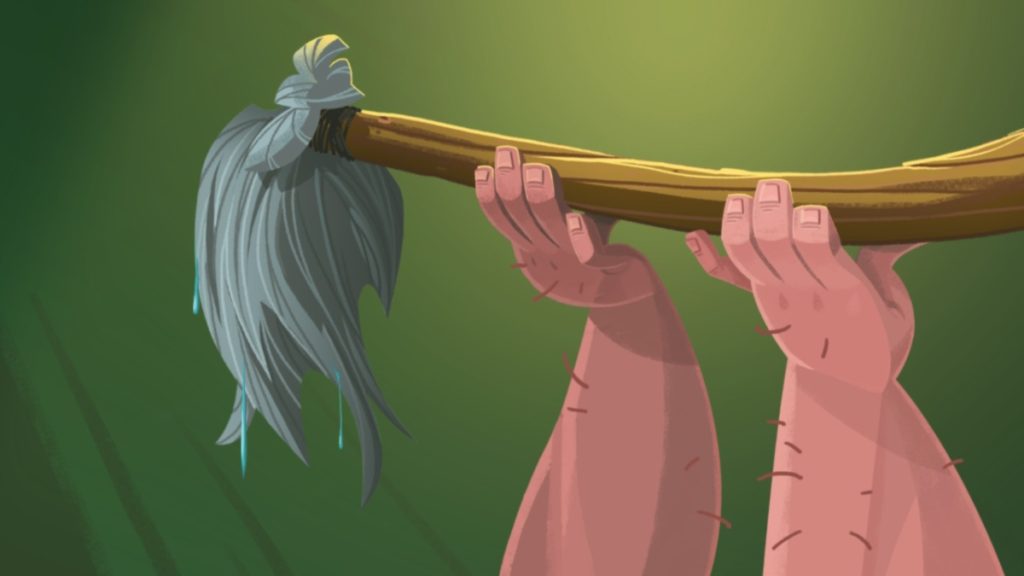 two meaty hands hold up a rough, wooden mop in front of a green backdrop 