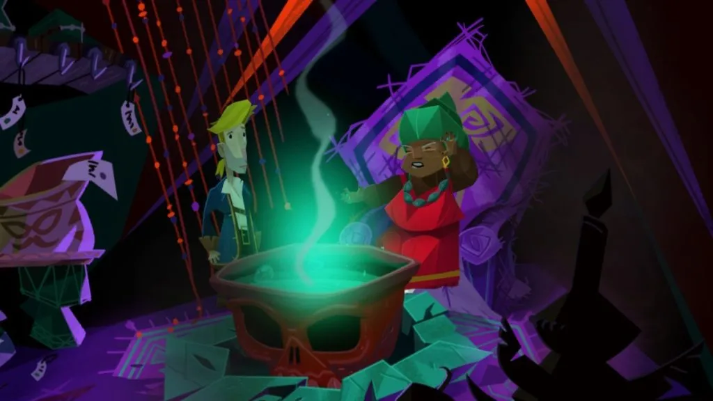 a blonde-haired man in a blue coat and a black, green-haired woman wearing a red dress stand in front of a skull-shaped cauldron filled with green liquid. The woman has her eyes closed and is waving her hands over the cauldron. she sits on a large, purple throne, and the room around them is dark
